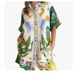 Women's NWOT MULTI COLOR CELTIC TRIBAL GRAFFITI LOUNGE POCKET BUTTON TOP SET